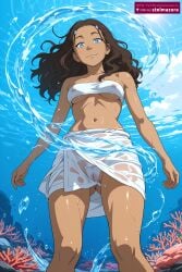 ai_generated ai_assisted stelmazura katara nicktoons nickelodeon avatar_the_last_airbender 1girl solo long_hair breasts looking_at_viewer smile blue_eyes brown_hair black_hair navel bare_shoulders medium_breasts nipples outdoors sky day dark_skin water covered_nipples dark-skinned_female blue_sky wet see-through strapless cameltoe ass_visible_through_thighs from_below wet_clothes sun tube_top sarong