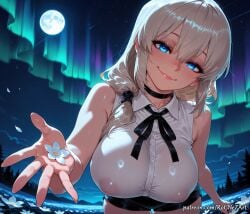 1girl 2026 ai_generated anime bangs bare_shoulders black_choker blue_eyes blush boobs breasts choker cleavage closed_mouth covered_nipples crossover curtains exposed_nipples eye_contact female female_focus flower flushed full_moon hair_between_eyes hair_over_shoulder half-closed_eyes highres holding holding_flower huge_breasts large_breasts lips long_hair looking_at_viewer mature_female moon neck_ribbon neutral_expression night night_sky nipples nsfw outdoors outstretched_hand patreon petals ribbon rognezart see-through shirt short_shorts shorts sky sleeveless sleeveless_shirt smile smiling solo star_(sky) starry_sky tree uzaki-chan_wa_asobitai! uzaki_tsuki very_long_hair white_shirt window