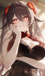 1girls bare shoulders female only hair over one eye hand on cheek heart symbol looking at viewer down milf body mommy smiling solo focus supporting breasts hu_tao_(genshin_impact) genshin_impact ai_generated
