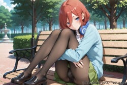 tehmar ai_generated genderswap genderswap_(ftm) femboy trap male transfem trans_woman nakano_miku go-toubun_no_hanayome the_quintessential_quintuplets pantyhose green_skirt tree headphones 1boy blue_eyes skirt loafers sitting cardigan headphones_around_neck day blush long_sleeves outdoors looking_at_viewer hair_between_eyes blue_cardigan brown_hair closed_mouth bangs white_shirt shoes long_hair shirt pleated_skirt collared_shirt underwear solo park_bench panties legs knees_up ass bulge park bench hugging_own_legs panties_under_pantyhose black_pantyhose full_body
