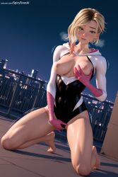 1girl ai_generated ballet_slippers barefoot blonde_hair blue_eyes blush bodysuit breasts breasts_outside building city cloud collarbone covered_navel gwen_stacy hand_on_breast hand_on_own_chest hi_res high_quality high_resolution hood hood_down large_breasts looking_at_viewer marvel masturbation medium_breasts mercy_(overwatch) nail_polish night nipples outdoors patreon pussy_juice rooftop seductive self_fondle sexy sky skyscraper smile solo spicytoonai superhero uncensored watermark