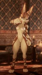 anthro breasts female fur genitals gesture hand_gesture hi_res holly_zanzibar inside lagomorph leporid long_ears looking_at_viewer mammal multicolored_body multicolored_fur nude nude_female pointing pointing_at_self rabbit solo standing tuft unknown_artist vulva yellow_eyes