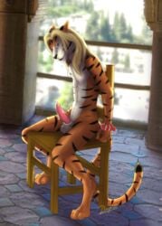 absurd_res anthro balls black_nose blonde_hair bodily_fluids bondage bound chair cum eldingo_(artist) erection felid furniture genital_fluids genitals hair hi_res male male_only mammal nude pantherine penis smile smirk solo submissive tiger