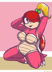 1girls blonde_hair breasts doncorneo female female_only hands_behind_head looking_at_viewer mario_(series) nintendo one_eye_closed open_mouth pink_body pink_skin pom_pom_(mario) ponytail pussy red_skin shell solo super_mario_3d_land tail thick thick_thighs thighs tied_hair wide_hips wink