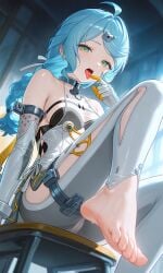 ahoge bare shoulders barefoot blue hair blush breasts cameltoe collar detached sleeves dress feet female finger to mouth foot focus green eyes licking long looking at viewer metal open panties see-through layer sitting small solo spread legs teeth toenails toes tongue out underwear upper only white seed_(zenless_zone_zero) zenless_zone_zero ai_generated
