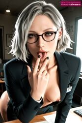 ai_generated ai_assisted stelmazura grace_ashcroft capcom resident_evil resident_evil_9:_requiem grace ashcroft 1girl solo breasts looking_at_viewer short_hair open_mouth jewelry medium_breasts nipples jacket ass white_hair earrings open_clothes glasses tongue indoors tongue_out nail_polish lips grey_eyes eyelashes no_bra leaning_forward formal suit bent_over black_nails licking finger_to_mouth naughty_face realistic nose nipple_slip office_lady id_card downblouse licking_finger office
