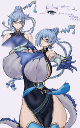 1girls big_breasts blue_eyes blue_hair braided_hair clothing curvy dracotail_faimena dragon_tail dragon_tail_fymena dress duel_monster exposed_thighs female female_only glasses hi_res looking_at_viewer looking_forward mature_female pose re-birafi serious simple_background solo standing tail thighs voluptuous yu-gi-oh!