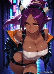 1girl 2026 ai_generated anime bangs bare_shoulders black_jacket black_shorts black_thighhighs bleach bleach:_the_thousand-year_blood_war boobs breasts cleavage collarbone covered_nipples crossover dark-skinned_female dark_skin demon_horns fake_horns female female_focus hands_in_pockets highres horns huge_breasts jacket large_breasts leaning_forward long_hair looking_to_the_side midriff navel nsfw off_shoulder open_clothes parted_bangs patreon patreon_username ponytail purple_hair rognezart shihouin_yoruichi shiny shiny_skin short_shorts shorts skindentation solo suspenders thighhighs very_long_hair yellow_eyes