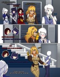 bruntgonewrong goneawful rwby ruby_rose weiss_schnee blake_belladonna yang_xiao_long team_rwby whitley_schnee 4girls 1boy clothed_female clothed_male black_hair black_hair_female white_hair white_hair_female blonde_hair blonde_female long_hair long_hair_female silver_eyes blue_eyes yellow_eyes purple_eyes cleavage cat_ears sunglasses sunglasses_on_head robotic_arm whispering whispering_into_ear winking dialogue