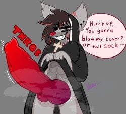 3_eyes anthro big_penis brown_hair canid canid_demon canine clothing demon ear_piercing english_text female genitals gloom_(kitsuneblueberry) hair hellhound herm hi_res highlights_(coloring) huge_penis hyper hyper_genitalia hyper_penis intersex kitsuneblueberry mammal multi_eye musk musk_cloud musky_penis mythological_canine mythological_creature mythology nun nun_habit nun_outfit penis piercing red_highlights religious_clothing text vixiousune