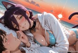 reze_(chainsaw_man) chainsaw_man ai_generated kermixx 1girl breasts looking_at_viewer blush smile short_hair bangs large_breasts black_hair long_sleeves 1boy animal_ears cleavage hair_between_eyes medium_breasts green_eyes jacket tail swimsuit hetero bikini outdoors lying parted_lips open_clothes sky choker cat_ears hood hair_bun looking_at_another wet cat_tail bell side-tie_bikini_bottom ocean black_choker beach single_hair_bun wet_clothes jingle_bell neck_bell sunset sun