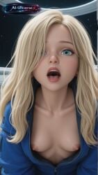 18yo adult ai_generated aiuniverse56 blonde_hair blue_eyes capcom diana_(pragmata) hair_over_eye hair_over_one_eye jacket lips lipstick long_hair naked naked_female nipples nude nude_female open_mouth pragmata red_lipstick small_breasts stable_diffusion teeth tongue unbuttoned unbuttoned_jacket