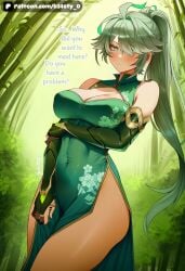 b34sty_0 patreon ai_generated watermark alhaitham_(genshin_impact) genshin_impact hair eyes gray_hair green_hair multicolored_hair long_hair ponytail blue_eyes breasts big_breasts large_breasts standing looking_at_viewer staring_at_viewer blush holding_own_arm holding_arm hand_on_arm :o chinese_clothes china_dress green_dress dress gloves green_gloves long_gloves boob_window ass sideass flower_print flower_dress dress_flower 1girl 1girls genderswap genderswap_(mtf) bamboo bamboo_forest forest
