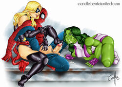 1boy 2girls avengers blonde_hair boots candle_(artist) carol_danvers cum cum_in_mouth cum_string female femdom fingerless_gloves green_hair green_skin hulk_(series) human larger_female male marvel mini_giantess ms._marvel ms._marvel_(carol_danvers) multiple_girls muscular_female penis peter_parker she-hulk spider-man spider-man_(series) straight straight_hair thigh_boots threesome veiny_penis