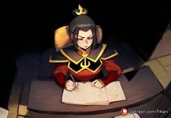 1girl ai_generated avatar_the_last_airbender azula black_hair book chair desk female female_only holding long_sleeves open_book paper patreon_logo patreon_username pen sitting solo table tillian ty_lee writing