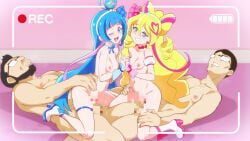 2boys 2girls :d age_difference aokaze_nana beard bisexual_female black_hair blonde_hair blue_bow blue_bowtie blue_gloves blue_hair blush boots bow bowtie breasts censored choker coat collarbone completely_nude cure_idol cure_wink detached_collar drill_hair facial_hair glasses gloves green_eyes group_sex hair_bun hair_ornament heart heart_hair_ornament hetero high_heel_boots high_heels highres hip_bones holding_hands interlocked_fingers jcm2 kimi_to_idol_precure leg_grab long_hair looking_at_viewer magical_girl medium_breasts mosaic_censoring multiple_boys multiple_girls navel nipples nude on_floor open_mouth pink_gloves precure purple_eyes recording red_choker sakura_uta_(precure) saliva saliva_trail sex smile torso_grab twin_drills very_long_hair wavy_hair white_coat