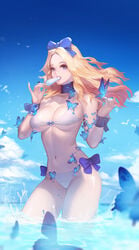 1girls belly bikini blonde_hair blue_eyes breasts butterfly cleavage cloud collar female female_only hi_res high_resolution highres ice_cream instant-ip long_hair pale-skinned_female pale_skin popsicle ribbon sea solo swimsuit tagme underboob wet