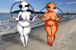 2girls :3 beach belly belly_button bikini chetoh chubby_female claire_(chetoh) cleavage egg english_text exhausted female female_focus female_only jump_rope leaf leaf_hair looking_at_viewer mandy_(chetoh) mostly_nude mostly_nude_female oc orange orange_body original original_characters photo_background purple_bikini smile smiling smiling_at_viewer sticker stickers_on_body text tired tired_expression tongue tongue_out