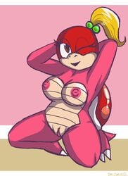 1girls blonde_hair breasts doncorneo erect_nipples female female_only hands_behind_head looking_at_viewer mario_(series) nintendo nipples one_eye_closed open_mouth pink_body pink_nipples pink_skin pom_pom_(mario) ponytail pussy red_skin shell solo super_mario_3d_land tail thick thick_thighs thighs tied_hair wide_hips wink