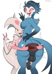 vivienne_medrano hellaverse hazbin_hotel helluva_boss angel_dust_(hazbin_hotel) stolas_(helluva_boss) markmanez four_arms femboy spider owl owl_demon gold_fang yellow_sclera red_sclera pink_eyes white_eyes peace_sign v_sign chest_tuft chest_fluff femboy_only white_fur tongue_out smiling looking_back looking_at_viewer stroking_penis spreading_ass wink anus arachnid animal_humanoid avian gay male/male hi_res feathers arthropod butt butt_focus big_ass stretched_anus 2boys humanoid_penis plain_background white_background blue_feathers multi_arm multi_limb anthro demon spider_demon twitching