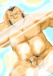 color crasher_wake human male male_only muscles nude penis pokemon pubic_hair solo tagme testicles wink