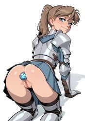 1girls ai_generated all_fours angela_(doodlepoodle) angela_hawthorne armor armored_female ass ass_focus bent_over blonde_hair blue_eyes blush buttplug female_knight freckles jewel_buttplug knight looking_back no_panties plate_armor ponytail princess_plug skirt tagme tales_from_the_tables