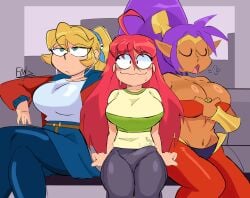 3girls absurd_res big_breasts blonde_hair bottomwear brace_yourself_games breasts bulge cadence_(crypt_of_the_necrodancer) celeste_(game) cleavage clothed clothing crossed_legs crossover crypt_of_the_necrodancer detailed_bulge earbuds electronics erection erection_under_clothing eyebrow_through_hair eyebrows eyelashes female female_only flustered fonz_(artist) genie genital_outline green_eyes gynomorph hair half_genie headphones hi_res humanoid_pointy_ears intersex jacket long_hair madeline_(celeste) multiple_girls navel open_mouth oversized_bottomwear oversized_clothing oversized_pants pants penis_outline pink_tongue pointy_ears ponytail pupils purple_hair red_eyebrows red_hair shantae shantae_(character) shantae_(series) shirt sitting skirt smile tongue topwear trans_(lore) trans_woman_(lore) translucent translucent_hair tube_top unimpressed wavy_mouth wavy_smile wayforward