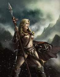 1girls areolae armor bare_legs blonde_hair boots bracelet braid breasts cape celeng cloak color dovahkiin female female_dovahkiin female_focus female_only female_warrior fur half_naked half_nude helmet holding_helmet holding_object holding_weapon human human_only leather loincloth long_hair mountain navel nipples no_bra nord open_mouth outdoors outside revealing_clothes skimpy_armor skimpy_clothes skyrim snow snowflake solo solo_female solo_focus spear sword teeth the_elder_scrolls topless uncensored unconvincing_armor video_games warrior weapon