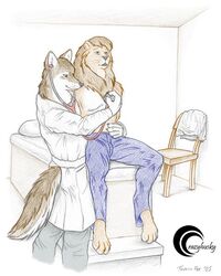 2boys 4_toes 5_fingers anthro canid canine canis cazyhusky chair clothed clothing coat doctor duo exam_table examination felid fur hair lion male_only mammal medical pantherine patient stethoscope stethoscope_to_breast taurin_fox topless wolf