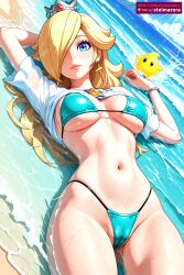 ai_generated ai_assisted stelmazura nintendo rosalina mario_(series) princess_rosalina princess_rosalina_(movie) 1girl solo long_hair breasts looking_at_viewer smile blue_eyes blonde_hair large_breasts shirt navel jewelry swimsuit bikini thighs earrings outdoors lying sky day cloud on_back water stomach clothes_lift star_(symbol) hair_over_one_eye bracelet lips wet skindentation underboob cameltoe ocean highleg beach shirt_lift crown wet_clothes highleg_bikini star_earrings