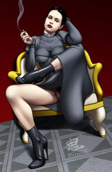 1girls adora_belle_dearheart black_hair blue_eyes chair cigarette crossed_legs dark_hair discworld dress dress_lift female foot_on_knee going_commando grey_clothing grey_dress heels high_heels medium_breasts nipples_visible_through_clothing oni_(artist) pale-skinned_female pale_skin pubic_hair red_lips red_lipstick red_nail_polish sitting_on_chair sleeves_past_wrists smoking spread_legs stiletto_heels upskirt