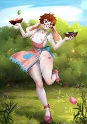 absurd_res anthro apron apron_only billy_bo boots breasts brown_hair clothing ear_piercing easter egg eyewear female footwear fur garden genitals glasses grey_body grey_fur hair hi_res high_heeled_boots high_heels holidays lagomorph leporid mammal multicolored_body multicolored_fur on_one_leg outside piercing rabbit shoes short_hair solo standing vulva wearing_glasses
