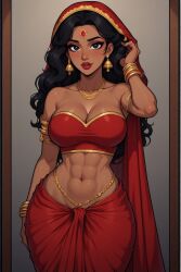 1girls abs ai_generated armlet bangle bare_shoulders big_breasts bindi black_eyes black_hair cleavage come_hither dark-skinned_female dark_skin earrings forehead_jewel hand_in_hair headwear hourglass_figure indian indian_clothes indian_female long_hair looking_at_viewer midriff navel necklace playing_with_hair red_clothing red_lipstick saree sari slim_waist smile smiling smiling_at_viewer solo solo_female solo_focus standing thick_thighs waist_chain wide_hips