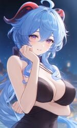 1girls bare shoulders female only hair over one eye hand on cheek heart symbol looking at viewer down milf body mommy smiling solo focus supporting breasts ganyu_(genshin_impact) genshin_impact ai_generated