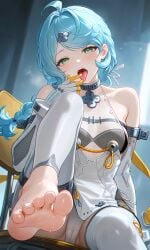 ahoge bare shoulders barefoot blue hair blush breasts cameltoe collar detached sleeves dress feet female finger to mouth foot focus green eyes licking long looking at viewer metal open panties see-through layer sitting small solo spread legs teeth toenails toes tongue out underwear upper only white seed_(zenless_zone_zero) zenless_zone_zero ai_generated