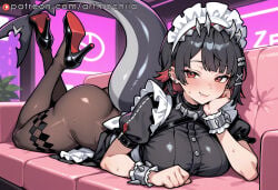 1girl couch solo tail black_hair breasts pantyhose high_heels on_couch lying on_stomach ass short_sleeves maid_headdress looking_at_viewer maid red_eyes large_breasts red_hair puffy_sleeves multicolored_hair blush puffy_short_sleeves short_hair bangs smile apron wrist_cuffs black_footwear horns hair_ornament sweat piercing jewelry dress ear_piercing black_pantyhose head_rest frills earrings two-tone_hair elbow_rest white_apron black_dress full_body spikes collar feet_up hand_on_own_cheek the_pose watermark hand_on_own_face dragon_tail plant parted_lips artmochiia ai_generated zenless_zone_zero mihoyo hoyoverse ellen_joe voluptuous voluptuous_female big_breasts fanart curvaceous curvaceous_female curvaceous_figure curvy curvy_figure female female_focus uncensored
