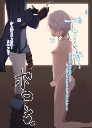 2d bare_ass big_penis blue_clothing blue_eyes boots censored cheating cock_shock comparing comparing_penis crackship darkened_genitalia darkened_penis embarrassed erect_nipples exposed_nipples flaccid_penis flustered furina_(genshin_impact) genshin_impact impressed japanese_text kneeling mika_(genshin_impact) naked naked_female netorare nipples penis pulled_down_pants small_breasts small_male smaller_male surprised text two-tone_hair