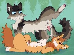 >w< 4:3 4_toes accessory animal_genitalia balls black_tuft blue_eyes bodily_fluids brown_body brown_fur brown_tuft cgm colored_line_art digital_media_(artwork) domestic_cat duo erection eyes_closed fan_character feet felid feline felis feral feral_on_feral flower flower_in_hair freckled_face freckles fur genital_fluids genitals gloves_(marking) hair hair_accessory happy hawkfrost_(warriors) hi_res honeywhisker_(jollysjambles) leg_markings looking_down looking_down_at_partner lying male male/male mammal markings nude on_back orange_body orange_fur pawpads paws peeing peeing_on_another peeing_on_chest peeing_while_erect penis plant raised_leg simple_background smile socks_(marking) striped_markings stripes tabby_cat tail toes tuft urine urine_on_chest warriors_(book_series) watersports white_body white_fur white_tuft