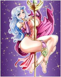 barefoot between_breasts blue_eyes blue_hair breasts choker detached_sleeves elianna_ceres female jewelry_between_breasts large_breasts loincloth long_hair long_legs looking_at_viewer navel navel_piercing nipples original sash see-through silver_hair sirat solo sparkle staff two_tone_hair weapon