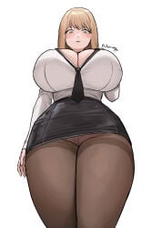belt big_breasts blush breasts_bigger_than_head emma_(nikke) emma_(office_therapy)_(nikke) flower_pattern glasses goddess_of_victory:_nikke hips light-skinned_female looking_at_viewer looking_down looking_down_at_viewer mostly_clothed nail_polish nails noorung office_clothing office_lady panties pantyhose signature solo tagme tie tight_clothing upskirt white_background