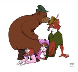 anthro bear canine cum cum_in_mouth cum_inside disney female fox fur furry little_john maid_marian male mammal penis robin_hood_(character) robin_hood_(disney) spitroast straight the_chunt threesome turk128