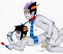 2boys anal black_hair blue_eyes collar diphallia diphallism eridan_ampora fins gay gills glasses grey_skin homestuck horns leash ms_paint_adventures multi_penis naked pandemoniumincarnate penis pointy_ears precum purple_highlights rings scarf sharp_teeth short_hair smile sollux_captor troll white_background yellow_eyes