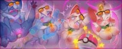 2026 anthro blue_body blush bodily_fluids breast_grab breasts brown_body closed_eyes collar digital_media_(artwork) disembodied_hand domestic_cat duo egg egg_laying eyewear felid feline felis female genitals glowing glowing_eyes hand_on_breast hi_res jaki-kun_(character) lactating mammal maneki-neko meowstic naked nintendo nipples nude open_mouth pawpads pink_background pink_eyes pinkgoodra pokemon pokemon_(species) pregnant pubic_tattoo sequence simple_background smile species_transformation spread_legs spreading sunglasses surprised tail tattoo transformation vulva whiskers
