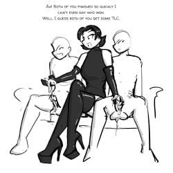 1boy 1girls 2d ass black_and_white boot_fetish boots breasts celera_prime cum cumshot dominant_female dominatrix dual_handjob english english_text female femdom femdom_caption foot_fetish footwear gentle_femdom gentle_mommy gloved_handjob gloved_hands glovejob gloves gloves_and_boots_only handjob high_heel_boots high_heels jerking jerking_off jerking_off_another jerkingoff jerkingoff_another leather leather_boots leotard long_legs male milf mimi_(celera_prime) mmf_threesome monochrome older_female older_female_and_younger_male original original_character original_characters patent_boots platform_boots platform_footwear platform_heels platform_shoes shiny_boots shoe_fetish shoes short-haired_female short_hair submissive_male thigh_boots thigh_highs thighhigh_boots thighhighs thighs threesome tight_clothes