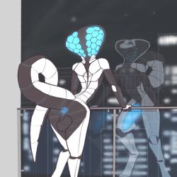 1:1 anthro anus backsack balls big_penis butt genitals glowing glowing_anus glowing_genitalia glowing_penis half-erect hi_res machine male penis reflection reptile robot robot_anthro scalie snake solo vegashasfrozenover