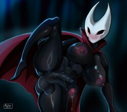 2025 2_horns anthro areola arthropod artist_name balls big_breasts big_penis biped black_balls black_body black_breasts black_eyes black_penis blurred_background blush blush_lines bodily_fluids breasts cape cape_only clothed clothed_anthro clothed_gynomorph clothed_intersex clothing digital_media_(artwork) dripping empty_eyes foreskin futanari genital_fluids genitals glans glistening glistening_areola glistening_body glistening_breasts glistening_genitalia glistening_glans glistening_legs glistening_penis glistening_thighs gynomorph gynomorph_anthro half-erect hi_res holding_leg hollow_knight_(franchise) horn hornet_(hollow_knight) humanoid_genitalia humanoid_penis insect intersex intersex_anthro mismatched_genitalia mismatched_humanoid_penis mismatched_penis mostly_nude mostly_nude_anthro mostly_nude_gynomorph mouthless muffynarts navel nipple_dip nipples non-mammal_balls non-mammal_breasts non-mammal_navel non-mammal_nipples noseless partially_retracted_foreskin penis pink_areola pink_nipples precum precum_drip raised_leg red_cape red_clothing solo team_cherry text url vein veiny_penis white_horn