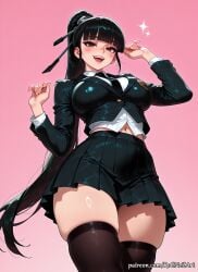 1girl 2026 ai_generated anime bangs black_hair black_skirt black_thighhighs blunt_bangs blush boobs breasts brown_eyes cleavage crossover eve_(stellar_blade) eye_contact female female_focus flushed highres huge_breasts jacket large_breasts long_hair long_sleeves looking_at_viewer midriff moaning navel necktie nsfw open_mouth patreon pink_background pleated_skirt ponytail rognezart school_uniform shift_up skindentation skirt smile smiling solo stellar_blade thick_thighs thighhighs thighs very_long_hair