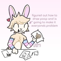 ambiguous_gender anthro arm_warmers arm_warmers_only armwear biege_fur bunnybran chest_tuft clothing countershade_fur countershade_torso countershading crumpled_paper eyes_closed feces feces_pile fur gradient_background hair happy heart_symbol lagomorph leporid lgbt_pride mammal paper pen pencil_(object) pink_inner_ear pride_colors rabbit scat simple_background solo sparkles tan_body tan_hair transgender_pride_colors tuft winnow_(bunnybran)