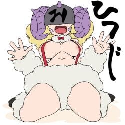 pajiramon humanized digimon breasts big_breasts horn horns 1girls 1girl female female_only areolae sheep sheep_girl helmet covered_eyes smile blonde_hair angewomon fusion ribbon japanese_text text