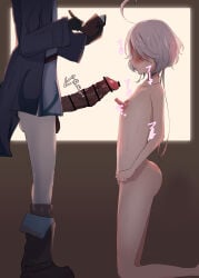 2d bare_ass big_penis blue_clothing blue_eyes boots censored cheating cock_shock comparing comparing_penis crackship darkened_genitalia darkened_penis embarrassed erect_nipples erect_penis exposed_nipples flustered furina_(genshin_impact) genshin_impact horny impressed japanese_text kneeling mika_(genshin_impact) naked naked_female netorare nipples penis pulled_down_pants small_breasts small_male smaller_male surprised text two-tone_hair